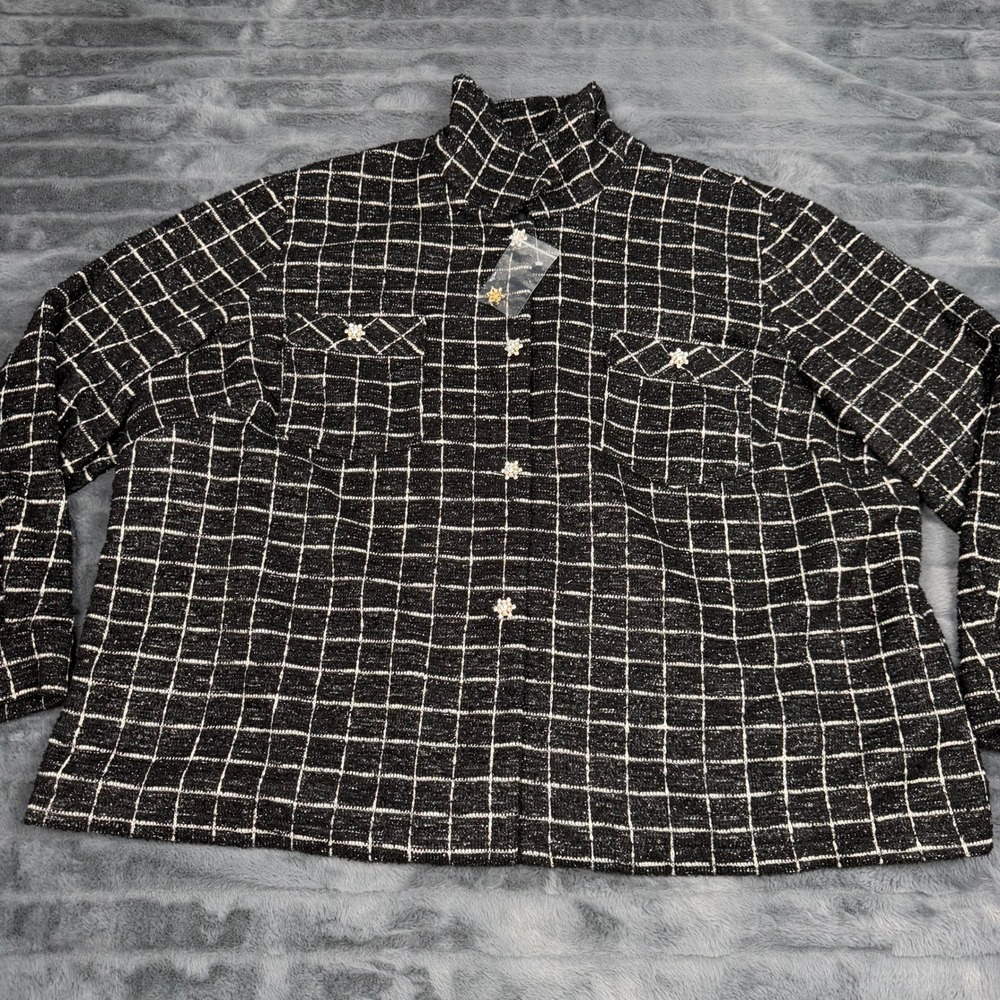 Dennis by Dennis Basso Black White Plaid Boucle Tweed Jacket 3X Crystal Buttons